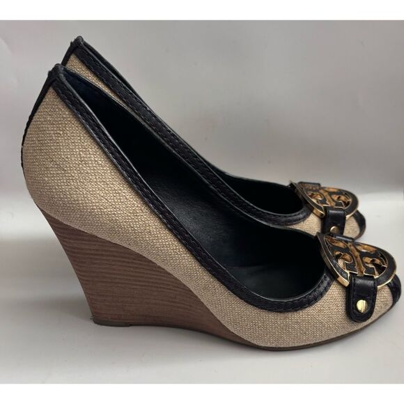 Tory Burch Leticia Peep-Toe Canvas /Leather Wedge Size 8.5 - Picture 2 of 9